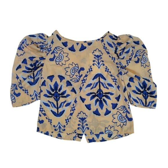 Floral Puff Sleeve Blouse By Sienna Sky Beige & Blue Button-Up Womens M. NWT - Picture 1 of 7